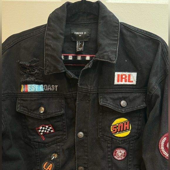 Distressed Denim Patchwork Jean Jacket Small Unisex Streetwear VTG Retro Black - Picture 12 of 16